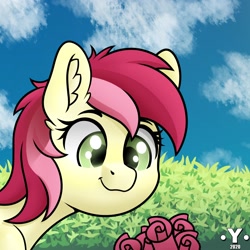 Size: 2000x2000 | Tagged: safe, artist:yelowcrom, imported from derpibooru, roseluck, earth pony, pony, bush, bust, cloud, cute, cuteluck, ear fluff, female, flower, mare, portrait, rosabetes, rose, sky, solo