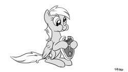 Size: 1200x675 | Tagged: safe, artist:pony-berserker, imported from derpibooru, derpy hooves, pegasus, pony, derpy being derpy, female, food, halftone, meat, monochrome, ponies eating meat, pony-berserker's twitter sketches, solo, something is not right, steak, stippling, this will end in sickness, this will end in tears