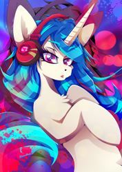 Size: 1358x1920 | Tagged: safe, artist:rariedash, imported from derpibooru, dj pon-3, vinyl scratch, pony, unicorn, chest fluff, female, headphones, looking at you, mare, solo, splatter