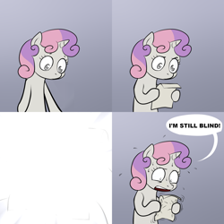 Size: 2000x2000 | Tagged: safe, artist:lemondevil, edit, imported from derpibooru, sweetie belle, blind, blinded by the light, exploitable meme, flashbang, meme, obligatory pony, sweetie's note meme