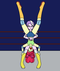 Size: 1792x2120 | Tagged: safe, artist:avispaneitor, imported from derpibooru, apple bloom, diamond tiara, equestria girls, boots, boxing ring, clothes, female, femdom, femsub, piledriver, shoes, shorts, smiling, sports, submissive, wrestling