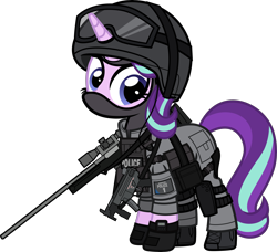 Size: 6000x5475 | Tagged: safe, alternate version, artist:n0kkun, imported from derpibooru, starlight glimmer, pony, unicorn, accuracy international, armor, awm, balaclava, belt, boots, british, clothes, earpiece, female, gloves, goggles, gun, helmet, knee pads, mare, mp5, mp5k, pants, police, pouch, rifle, sco19, shoes, simple background, sniper, sniper rifle, solo, submachinegun, transparent background, united kingdom, watch, weapon, wristwatch