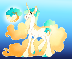 Size: 4030x3300 | Tagged: safe, artist:turnipberry, imported from derpibooru, oc, oc only, oc:sunlit orchard, pony, unicorn, blue background, colored hooves, commission, cutie mark, ethereal mane, female, magical lesbian spawn, mare, offspring, parent:applejack, parent:princess celestia, parents:applelestia, realistic horse legs, simple background, solo, unshorn fetlocks