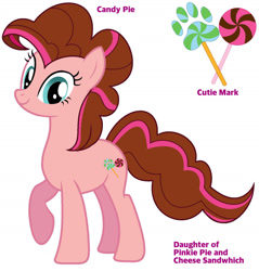 Size: 1604x1680 | Tagged: safe, artist:paolahedgehog, imported from derpibooru, oc, oc only, oc:candy pie, earth pony, pony, offspring, parent:cheese sandwich, parent:pinkie pie, parents:cheesepie, reference sheet, solo