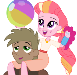 Size: 1300x1252 | Tagged: safe, artist:ds59, imported from derpibooru, pinkie pie, oc, oc:buck rex, oc:honeycrisp blossom, equestria girls, beach ball, cute, female, freckles, hand puppet, male, offspring, parent:big macintosh, parent:princess cadance, parents:cadmac, puppet, shoulder ride, simple background, white background