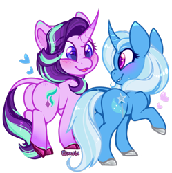 Size: 602x604 | Tagged: safe, artist:esmeia, imported from derpibooru, starlight glimmer, trixie, pony, unicorn, blushing, butt, butt freckles, curved horn, cute, diatrixes, eye contact, female, freckles, glimmerbetes, heart, horn, leonine tail, lesbian, looking at each other, mare, plot, shipping, shoulder freckles, simple background, smiling, startrix, transparent background