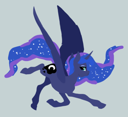 Size: 500x460 | Tagged: safe, artist:novuerau, imported from derpibooru, princess luna, alicorn, pony, female, flying, gray background, lineless, mare, realistic horse legs, simple background, solo, spread wings, wings