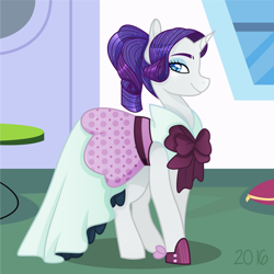 Size: 1024x1024 | Tagged: safe, artist:mavdpie, imported from derpibooru, rarity, pony, unicorn, rarity investigates, alternate hairstyle, clothes, colored pupils, dress, female, mare, ponytail, profile, smiling, solo