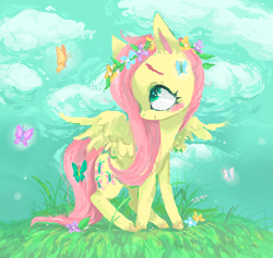 Size: 512x486 | Tagged: safe, artist:rwko, imported from derpibooru, fluttershy, butterfly, pegasus, pony, blush sticker, blushing, cloud, cute, female, floral head wreath, flower, flower in hair, head turn, looking at something, looking up, mare, outdoors, profile, shyabetes, smiling, solo, spread wings, turned head, wings