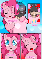 Size: 1736x2456 | Tagged: safe, artist:otakon, imported from derpibooru, pinkie pie, human, comic:meeting pinkie, brony, comic, commission, female, hugging a pony, human male, male