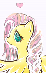 Size: 2546x3969 | Tagged: safe, artist:bubblerubble, imported from derpibooru, fluttershy, pegasus, pony, bust, cute, female, heart, high res, looking at you, looking back, looking back at you, mare, no pupils, profile, rear view, shyabetes, simple background, solo, spread wings, white background, wings