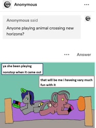 Size: 750x1004 | Tagged: safe, artist:ask-luciavampire, imported from derpibooru, oc, pegasus, pony, unicorn, tumblr:ask-the-pony-gamers, ask, game