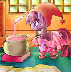 Size: 2542x2584 | Tagged: safe, artist:bubblerubble, imported from derpibooru, twilight sparkle, pony, book, bow, cauldron, clothes, colored pupils, cute, dress, female, hat, high res, liquid, magic, mare, solo, telekinesis, twiabetes, vial, window, witch hat