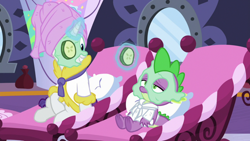 Size: 1920x1080 | Tagged: safe, imported from derpibooru, screencap, rarity, spike, dragon dropped, bathrobe, clothes, cucumber, cucumber monocle, cucumber pirate, food, mud mask, robe, towel on head