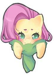 Size: 900x1230 | Tagged: safe, artist:vainisart, imported from derpibooru, fluttershy, pony, blushing, bust, clothes, cute, deviantart watermark, female, looking at you, mare, obtrusive watermark, portrait, scarf, shyabetes, simple background, solo, transparent background, watermark