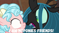 Size: 1280x720 | Tagged: safe, edit, edited screencap, imported from derpibooru, screencap, cozy glow, queen chrysalis, changeling, pegasus, pony, frenemies (episode), angry, boop, female, filly, former queen chrysalis, meme, noseboop, text, triggered