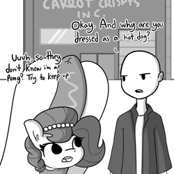 Size: 2250x2250 | Tagged: safe, artist:tjpones, imported from derpibooru, part of a set, oc, oc only, oc:brownie bun, oc:richard, earth pony, human, pony, comic:covert ops, horse wife, dialogue, female, hot dog costume, jewelry, male, mare, monochrome, necklace, pearl necklace, simple background, white background