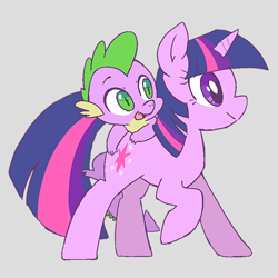 Size: 600x600 | Tagged: safe, artist:tsukisayu, imported from derpibooru, spike, twilight sparkle, dragon, pony, unicorn, cute, duo, female, gray background, male, mare, open mouth, profile, simple background, unicorn twilight