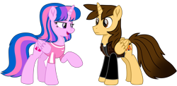 Size: 10356x5040 | Tagged: safe, artist:ejlightning007arts, imported from derpibooru, oc, oc only, oc:ej, oc:hsu amity, alicorn, pony, alicorn oc, amityej, clothes, female, horn, jacket, male, mare, oc x oc, open mouth, raised hoof, shipping, shirt, simple background, stallion, straight, t-shirt, transparent background, vector, wings