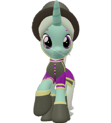 Size: 651x720 | Tagged: safe, artist:topsangtheman, imported from derpibooru, cornetta, pony, unicorn, 3d, clothes, female, hat, looking at you, looking down at you, raised hoof, simple background, solo, source filmmaker, transparent background, uniform