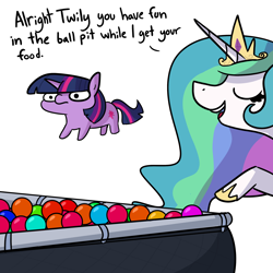 Size: 2250x2250 | Tagged: safe, artist:tjpones, imported from derpibooru, part of a set, princess celestia, twilight sparkle, alicorn, pony, unicorn, ball pit, dialogue, duo, female, jewelry, mare, momlestia, regalia, simple background, twiggie, white background