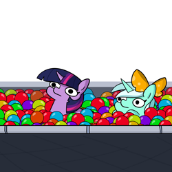 Size: 2250x2250 | Tagged: safe, artist:tjpones, imported from derpibooru, part of a set, lyra heartstrings, twilight sparkle, pony, unicorn, ball pit, bow, duo, female, mare, simple background, twiggie, white background