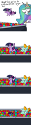 Size: 2250x9000 | Tagged: safe, artist:tjpones, imported from derpibooru, part of a set, lyra heartstrings, princess celestia, twilight sparkle, alicorn, pony, unicorn, absurd resolution, ball pit, bow, comic, cute, dashcon, dialogue, duo, female, hair bow, jewelry, lyrabetes, mare, momlestia, regalia, simple background, sinking, squatpony, twiggie, white background, woonoggles