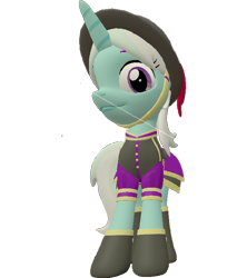 Size: 638x720 | Tagged: safe, artist:topsangtheman, imported from derpibooru, cornetta, pony, unicorn, 3d, clothes, female, hat, looking at you, looking down at you, simple background, solo, source filmmaker, transparent background, uniform