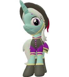 Size: 638x720 | Tagged: safe, alternate version, artist:topsangtheman, imported from derpibooru, cornetta, pony, unicorn, 3d, clothes, female, hat, looking at you, looking down at you, simple background, solo, source filmmaker, transparent background, uniform