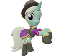 Size: 805x720 | Tagged: safe, artist:topsangtheman, imported from derpibooru, cornetta, pony, unicorn, 3d, clothes, female, hat, looking at you, raised hoof, simple background, solo, source filmmaker, transparent background, uniform