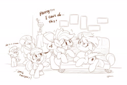 Size: 3000x2000 | Tagged: safe, artist:drtuo4, imported from derpibooru, apple bloom, applejack, rarity, sweetie belle, twilight sparkle, alicorn, pony, balancing, couch, fail, makeover, monochrome, mouth hold, puffy cheeks, signature, silly, silly pony, stifling laughter, this will not end well, twilight sparkle (alicorn), who's a silly pony