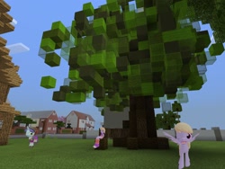 Size: 2048x1536 | Tagged: safe, artist:topsangtheman, imported from derpibooru, cloud kicker, spring rain, pegasus, pony, unicorn, equestria girls, clothes, hat, house, looking at you, minecraft, one eye closed, photoshopped into minecraft, self ponidox, sitting, tree, uniform, wings, wink