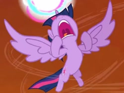 Size: 839x630 | Tagged: safe, imported from derpibooru, screencap, twilight sparkle, alicorn, pony, twilight's kingdom, cropped, female, fight, magic, magic ball, magic orb, mare, mawshot, nose in the air, open mouth, solo, spread wings, super saiyan princess, twilight sparkle (alicorn), twilight vs tirek, uvula, volumetric mouth, window, wings