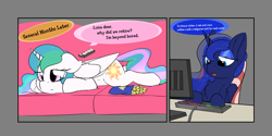 Size: 3610x1800 | Tagged: safe, artist:jubyskylines, imported from derpibooru, princess celestia, princess luna, alicorn, pony, gamer luna, bored, chest fluff, chips, comic, computer, couch, dialogue, duo, female, floppy ears, folded wings, food, keyboard, lying down, mare, open mouth, prone, remote control, retirement, royal sisters, sitting, speech bubble, talking, wings