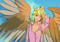 Size: 1400x988 | Tagged: safe, artist:bakki, imported from derpibooru, oc, oc only, oc:rainbow feather, human, alicorn humanization, clothes, crown, four wings, grifficorn, grifficorn humanization, horn, horned humanization, humanized, interspecies offspring, jewelry, magical lesbian spawn, messy hair, multiple wings, offspring, pajamas, parent:gilda, parent:rainbow dash, parents:gildash, princess, regalia, sleepy, solo, winged humanization, wings