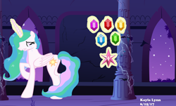 Size: 3156x1901 | Tagged: safe, artist:diamondwolf2990, imported from derpibooru, princess celestia, alicorn, castle of the royal pony sisters, crying, element of generosity, element of honesty, element of kindness, element of laughter, element of loyalty, element of magic, elements of harmony, magic, magic aura, night