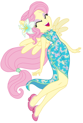 Size: 612x900 | Tagged: safe, artist:sapphiregamgee, imported from derpibooru, fluttershy, equestria girls, alternate clothes, beautiful, cheongsam, clothes, cute, female, flower, flower in hair, open mouth, ponied up, shyabetes, simple background, smiling, solo, transparent background