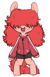 Size: 580x883 | Tagged: safe, artist:whydomenhavenipples, imported from derpibooru, oc, oc only, oc:tracksuit, earth pony, semi-anthro, bike shorts, clothes, compression shorts, covered eyes, female, filly, foal, freckles, hair over eyes, open mouth, smiling, tracksuit