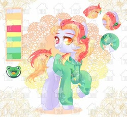 Size: 400x370 | Tagged: safe, artist:marsi_mason, imported from derpibooru, earth pony, frog, clothes, cutie mark, female, heterochromia, hoodie, obtrusive watermark, reference sheet, toyhouse, toyhouse watermark, watermark