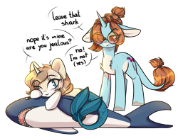 Size: 1683x1295 | Tagged: safe, artist:cloud-fly, imported from derpibooru, oc, oc only, oc:bubbles, merpony, shark, unicorn, blåhaj, female, glasses, mare, plushie, shark plushie, simple background, transparent background