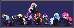 Size: 9999x3886 | Tagged: safe, alternate version, artist:n0kkun, imported from derpibooru, applejack, fluttershy, pinkie pie, rainbow dash, rarity, starlight glimmer, sunset shimmer, trixie, twilight sparkle, alicorn, earth pony, pegasus, pony, unicorn, accuracy international, afp, ak-103, ammunition, armor, assault rifle, aug, australia, awm, balaclava, belt, blue background, boots, bope, brazil, british, bullet, clothes, colt canada c8nld, commission, cuffs, ear piercing, earpiece, earring, face paint, famas, female, fingerless gloves, flying, france, fsb, german, gign, glock, glock 17, gloves, grenade, gsg9, gun, handgun, hk416, holster, imbel md97, jacket, jewelry, knee pads, knife, m4a1, mane six, mare, model 686, mp5, mp5k, mp7, netherlands, open mouth, p-965, p90, pants, piercing, pistol, police, pouch, radio, raised hoof, raised leg, remington 870, revolver, rifle, royal marechaussee, sawed off shotgun, sco19, sek, shirt, shoes, shotgun, shotgun shell, simple background, skull, sniper, sniper rifle, steyr aug, submachinegun, swat, twilight sparkle (alicorn), united kingdom, united states, usp, wall of tags, weapon