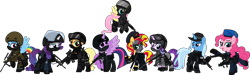 Size: 8001x2403 | Tagged: safe, alternate version, artist:n0kkun, imported from derpibooru, applejack, fluttershy, pinkie pie, rainbow dash, rarity, starlight glimmer, sunset shimmer, trixie, twilight sparkle, alicorn, earth pony, pegasus, pony, unicorn, accuracy international, afp, ak-103, ammunition, armor, assault rifle, aug, australia, awm, balaclava, belt, beret, boots, bope, brazil, british, bullet, clothes, colt canada c8nld, commission, cuffs, ear piercing, earpiece, earring, face paint, famas, female, fingerless gloves, flying, france, fsb, german, gign, glock, glock 17, gloves, goggles, grenade, gsg9, gun, handgun, hat, helmet, hk416, holster, imbel md97, jacket, jewelry, knee pads, knife, m4a1, mane six, mare, model 686, mp5, mp5k, mp7, netherlands, open mouth, p-965, p90, pants, piercing, pistol, police, pouch, radio, raised hoof, raised leg, remington 870, revolver, rifle, royal marechaussee, sawed off shotgun, sco19, sek, shirt, shoes, shotgun, shotgun shell, simple background, skull, sniper, sniper rifle, steyr aug, submachinegun, swat, transparent background, twilight sparkle (alicorn), united kingdom, united states, usp, visor, wall of tags, weapon