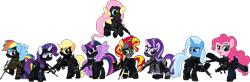 Size: 7999x2625 | Tagged: safe, alternate version, artist:n0kkun, imported from derpibooru, applejack, fluttershy, pinkie pie, rainbow dash, rarity, starlight glimmer, sunset shimmer, trixie, twilight sparkle, alicorn, earth pony, pegasus, pony, unicorn, accuracy international, afp, ak-103, ammunition, armor, assault rifle, aug, australia, awm, balaclava, belt, boots, bope, brazil, british, bullet, clothes, colt canada c8nld, commission, cuffs, ear piercing, earpiece, earring, face paint, famas, female, fingerless gloves, flying, france, fsb, german, gign, glock, glock 17, gloves, grenade, gsg9, gun, handgun, hk416, holster, imbel md97, jacket, jewelry, knee pads, knife, m4a1, mane six, mare, model 686, mp5, mp5k, mp7, netherlands, open mouth, p-965, p90, pants, piercing, pistol, police, pouch, radio, raised hoof, raised leg, remington 870, revolver, rifle, royal marechaussee, sawed off shotgun, sco19, sek, shirt, shoes, shotgun, shotgun shell, simple background, skull, sniper, sniper rifle, steyr aug, submachinegun, swat, transparent background, twilight sparkle (alicorn), united kingdom, united states, usp, wall of tags, weapon