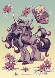 Size: 1000x1415 | Tagged: safe, artist:ihaveeczema, imported from derpibooru, oleander, unicorn, them's fightin' herds, book, female, flower, glasses, oleander (tfh), solo, unicornomicon, unshorn fetlocks