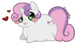 Size: 2000x1200 | Tagged: safe, artist:cloureed, imported from derpibooru, sweetie belle, pony, unicorn, :3, :p, alternate cutie mark, blush sticker, blushing, chibi, chonk, chubbie belle, chubby, cute, diasweetes, female, filly, floating heart, heart, meme, round, simple background, solo, tongue out, transparent background