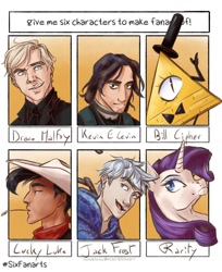 Size: 1080x1324 | Tagged: safe, artist:mori_the_french_artist, imported from derpibooru, rarity, human, pony, unicorn, six fanarts, ben 10, bill cipher, bowtie, bust, crossover, draco malfoy, female, gravity falls, harry potter, harry potter (series), hat, jack frost, kevin levin, lucky luke, makeup, male, mare, neckerchief, straw in mouth, top hat