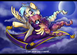 Size: 2039x1447 | Tagged: safe, artist:ali-selle, imported from derpibooru, oc, oc:indigo, oc:oasis (azure art wave), earth pony, pegasus, pony, aladdin, contest entry, couple, cute, cute couple, disney, magic carpet, romantic