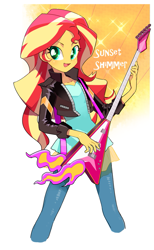 Size: 553x900 | Tagged: safe, artist:moudoku, artist:moudokupxv, imported from derpibooru, sunset shimmer, equestria girls, clothes, cute, electric guitar, female, flying v, guitar, jacket, leather jacket, musical instrument, open mouth, pants, playing, shimmerbetes, solo