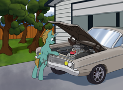 Size: 5798x4223 | Tagged: safe, artist:thehuskylord, imported from derpibooru, oc, oc only, oc:javert, pony, unicorn, absurd resolution, car, classic car, garage, solo, tree