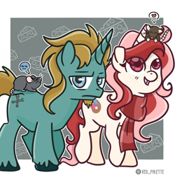 Size: 894x894 | Tagged: safe, artist:redpalette, imported from derpibooru, oc, oc:javert, oc:red palette, rat, unicorn, clothes, couple, cute, female, male, mare, pet, scarf, scowl, scowling, smiling, stallion, walking